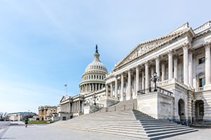Capitol dome visible behind broad neoclassical stairs with columns; a person walks on the plaza.