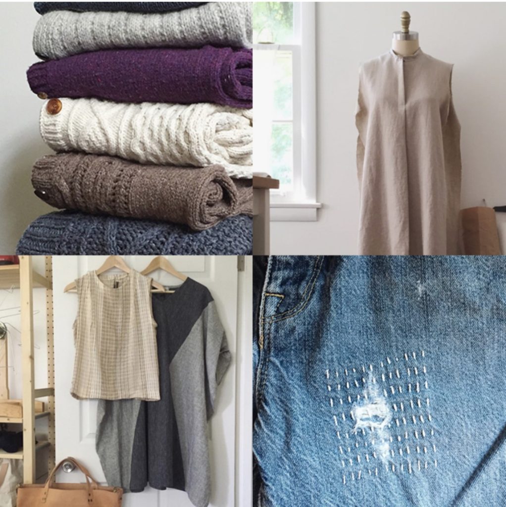 Collage of knit sweaters, a beige sleeveless dress on a mannequin, hanging garments, and denim with stitching.