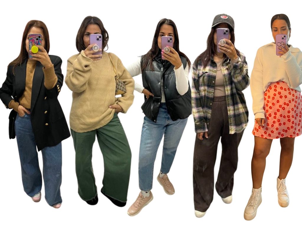 Group of five women posing for mirror selfies with smartphones in casual outfits.