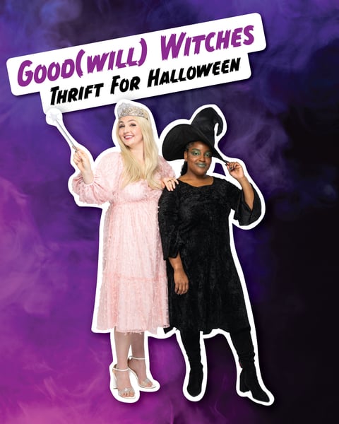 Two women in Halloween costumes stand against a purple smoky background. One wears a pink princess dress and crown, the other a black witch costume with a hat.
