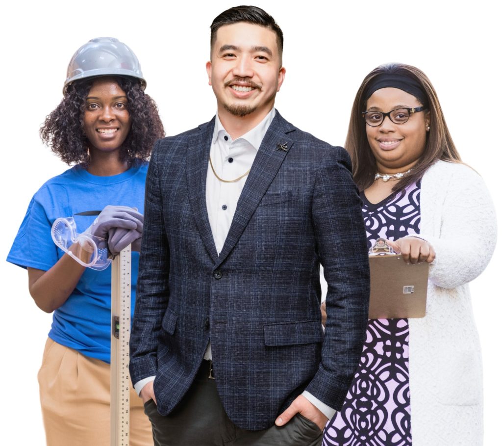 Three diverse professionals posing together: a man in a blazer, a construction worker, and a woman with a clipboard.