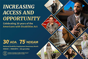 Banner celebrating the Americans with Disabilities Act anniversary with a collage of diverse people and ADA logos.