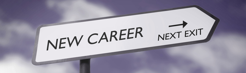 Signpost that reads 'NEW CAREER' with an arrow labeled 'NEXT EXIT' against a cloudy purple sky.