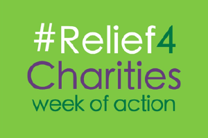 Bright lime banner promoting #Relief4 Charities week of action with multicolored text.