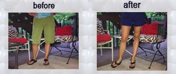 Side-by-side comparison of legs in sandals; left shows green shorts before, right shows blue shorts after.