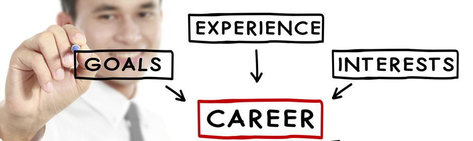 Person drawing a career planning diagram featuring goals, experience, and interests connected to career.
