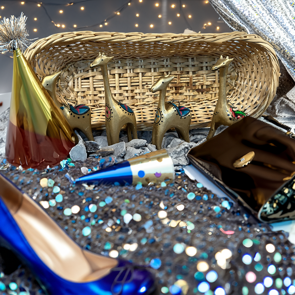 Gold giraffe figurines arranged in front of a woven basket amid party decor and confetti.