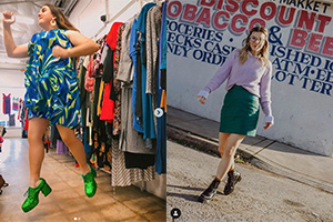 Split-fashion collage: boutique interior with a woman in a blue dress and green shoes on the left; street scene with a woman in a green skirt on the right.
