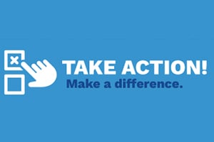 Blue banner with a white hand cursor clicking square icons and the text 'TAKE ACTION!' and 'Make a difference'.