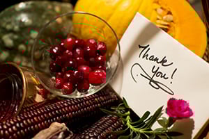 Autumn still life with a glass bowl of red berries, pumpkins, and a handwritten 'Thank You!' note.