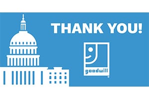 Blue banner featuring a white Capitol dome illustration left, THANK YOU! text, and the Goodwill logo.
