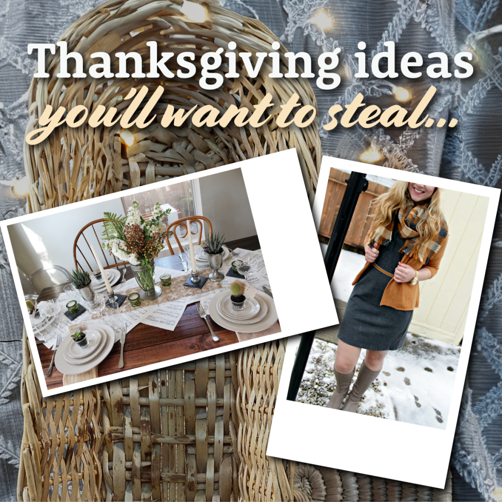 Collage with a woven basket background and two Polaroid‑style photos: a festive dining table and a stylish fall outfit.