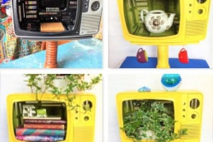 Collage of four yellow retro TV-style devices, each displaying different contents inside their screens.