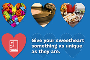 Valentine's banner featuring three heart-shaped photos, a Goodwill logo, and the message about giving unique gifts on a blue background.