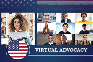 Collage of diverse people on video calls beneath a blue banner labeled Virtual Advocacy with an American flag emblem