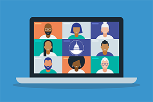 Laptop screen showing a grid of diverse participants in a video conference.