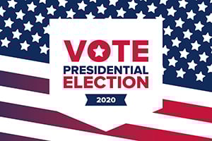 Patriotic graphic with stars and stripes and a central badge reading VOTE Presidential Election 2020.