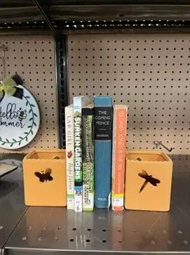 Books in between a butterfly stand