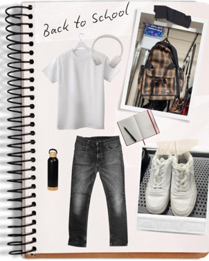Back to schoold book collage showing a white t-shirt, a black jeans pants, a notepad, a stripped backpack and a white headphone.
